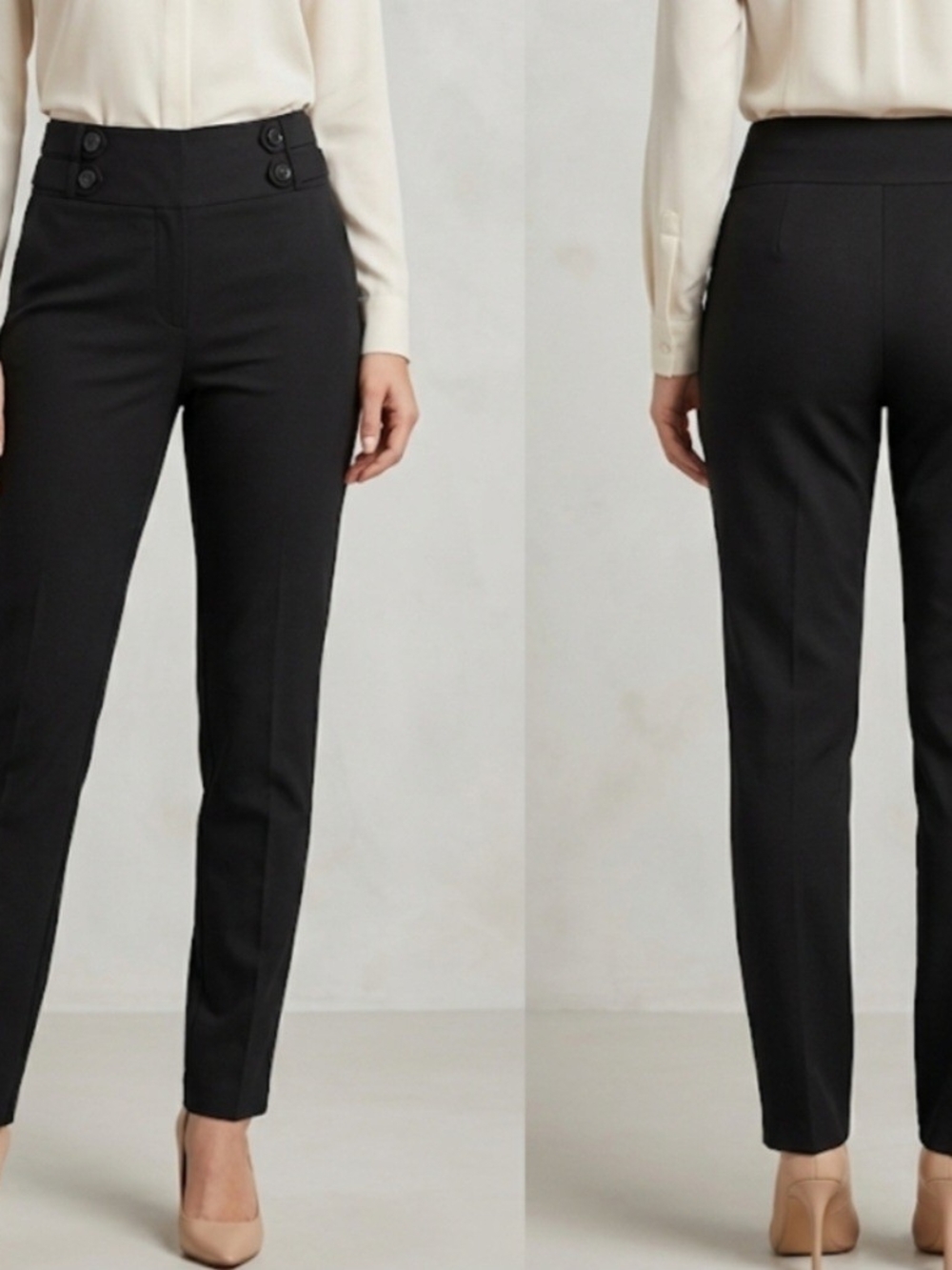 COURTENAY Black High-Rise Slim Ankle Pants with Side Tabs Buttons L Business